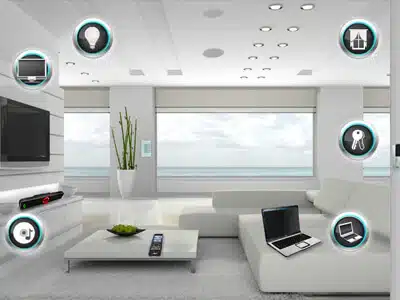 تصاویری از یک نرم افزار کنترل خانه هوشمند با پس زمینه سفید و قرار گرفتن آیکون های مختلف در اطراف صفحه با یک لپ تاپ در وسط تصویر