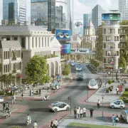 تصویری از فضای یک شهر هوشمند را نمایش می دهد که در آن ساختمان ها و ماشین های هوشمندی قرار داد.