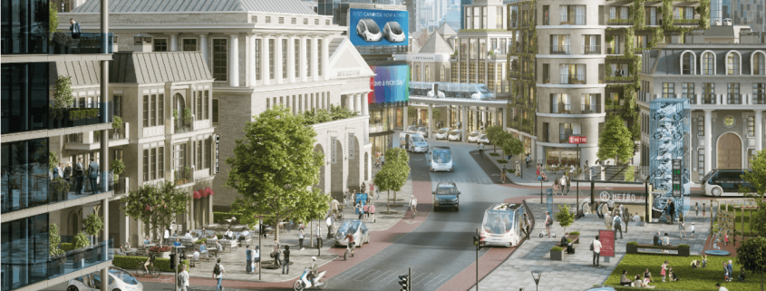 تصویری از فضای یک شهر هوشمند را نمایش می دهد که در آن ساختمان ها و ماشین های هوشمندی قرار داد.