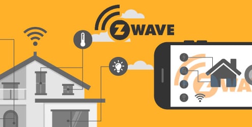 تصویری از خانه هوشمند که با پروتکل zwave پیاده سازی شده را نشان می دهد که در آن کاربر از طریق گوشی هوشمند خود فرامینی را اجرا می کند.