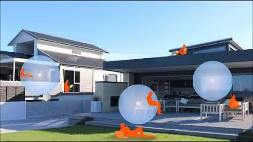 تصویری از یک خانه را نشان می دهد که یک انسان به رنگ نارنجی در مکان های مختلف آن قرار گرفته است.