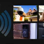 پنج تصویر را نشان می دهد که تجهیزات امنیتی خانه هستند و عبارتند از دوربین، مگنت درب، قفل هوشمند، آیفون تصویری و دست یک شخص که با تلفن همراه مشغول به کار است.