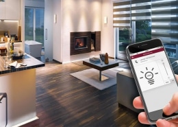 تصویری از خانه هوشمند را نشان می دهد که کاربر در حال تنظیم کردن روشنایی خانه می باشد.